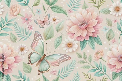 Wallpaper Mural Delicate pastel flower and leaf pattern on a soft background, featuring a whimsical butterfly, perfect for spring-inspired designs and nature-themed illustrations. Torontodigital.ca