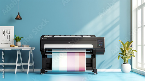 Professional large-format inkjet printer producing vibrant, colorful artwork. High-quality printing technology with precise detail on glossy material.