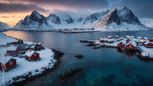 Spellbinding winter vista of Sakrisoy village, Lofoten Islands, Norway photo