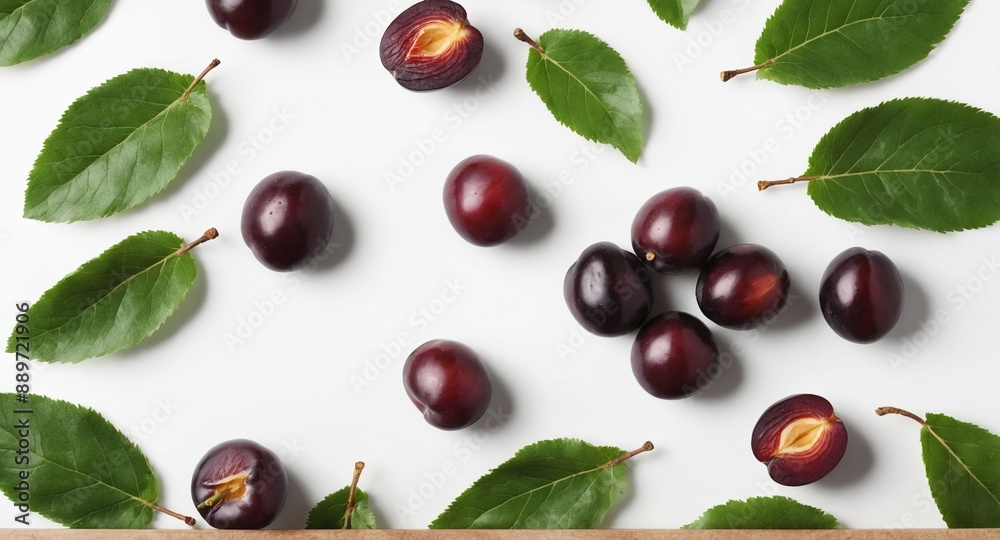 Fresh plums with green leaves on white. Food background. Top view Fresh plums with green leaves on white. Food background. Top view
