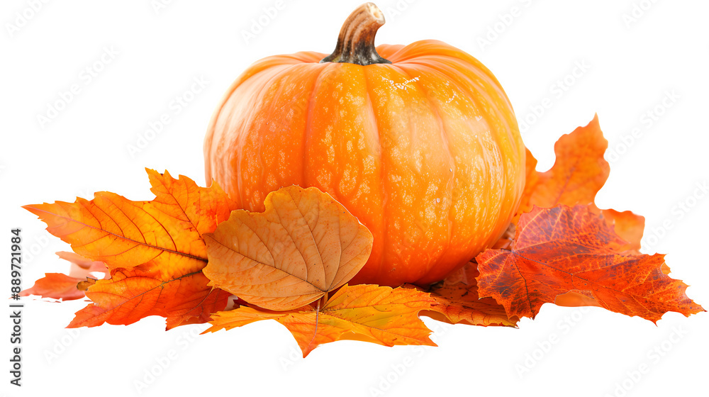 Naklejka premium Pumpkin with autumn leaves, Thanksgiving, seasonal decoration, fall harvest, festive centerpiece, png file, isolated on white
