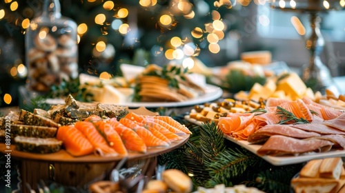 Festive buffet with smoked salmon, cold cuts, cheese, holiday decorations, and pine branches. Concept of Christmas celebration, holiday dinner, food arrangement, festive gathering