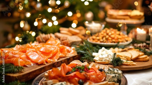 Festive buffet with smoked salmon, cold cuts, cheese, holiday decorations, and pine branches. Concept of Christmas celebration, holiday dinner, food arrangement, festive gathering