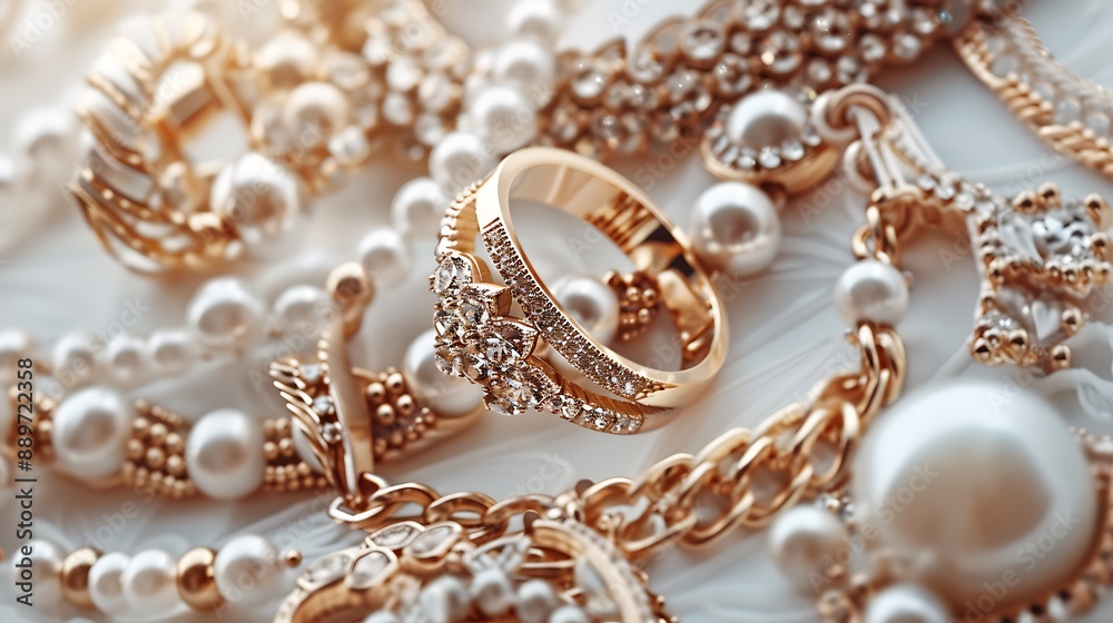 Elegant jewelry pieces like rings, necklaces, and earrings on a beautiful white background. 32k, full ultra HD, high resolution Elegant jewelry pieces like rings, necklaces, and earrings on a beautiful white background. 32k, full ultra HD, high resolution