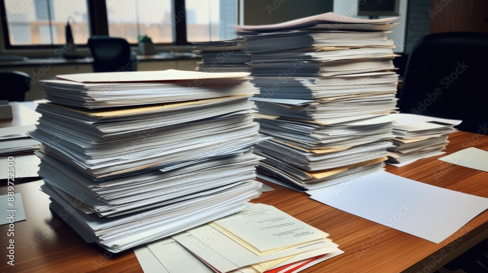 Two large stacks of papers on a desk.