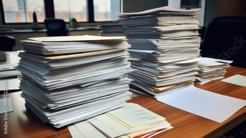 Obraz na płótnie Two large stacks of papers on a desk. w salonie
