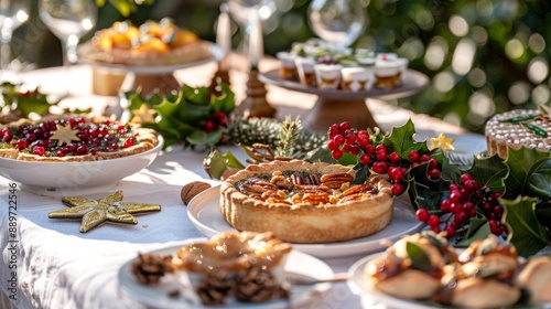 Holiday feast with assorted desserts and cheese platter on a winter table. Concept of festive food, seasonal celebration, Christmas, culinary delights