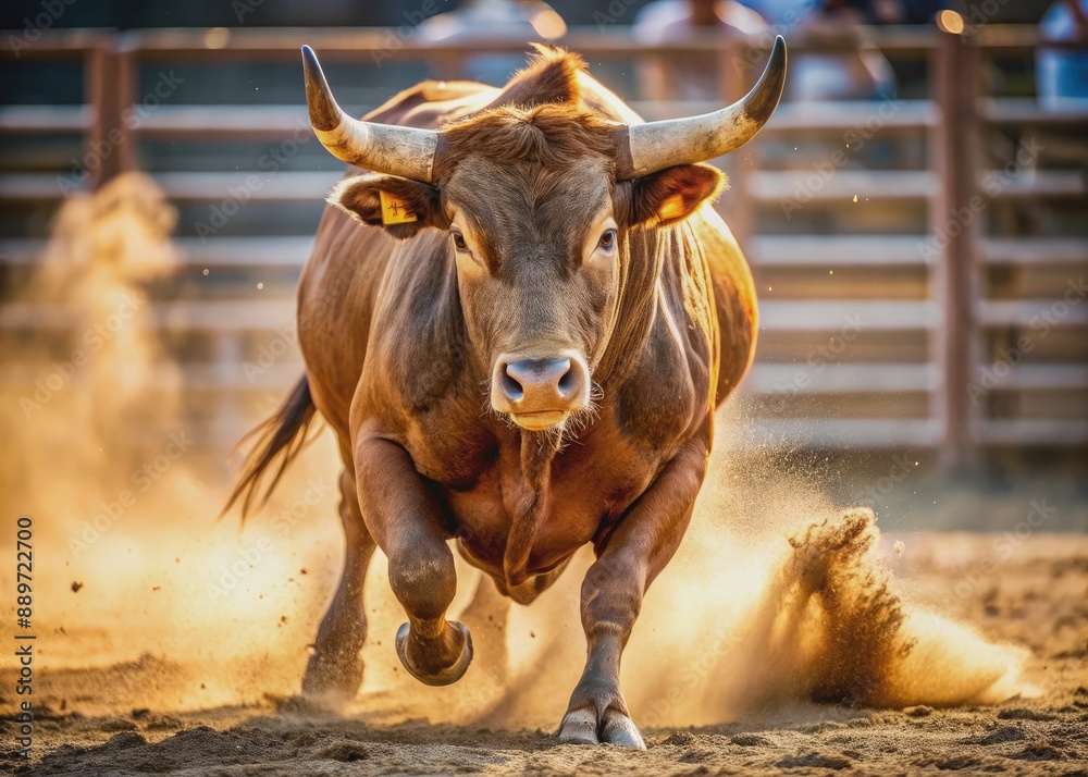 A furious brown bull bursts into the empty rodeo arena, its muscles tense, nostrils flaring, and eyes fixed on its next target, ready to charge. A furious brown bull bursts into the empty rodeo arena, its muscles tense, nostrils flaring, and eyes fixed on its next target, ready to charge.
