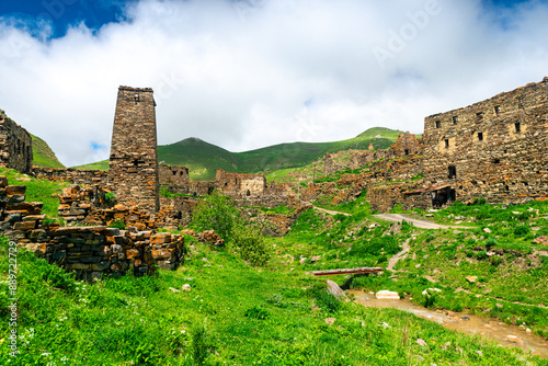 The ancient picturesque ruins of the mountainous village of Galiat. The North Caucasus. Russia photo