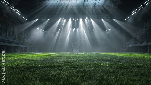 Brightly lit empty soccer stadium with green field and large goal