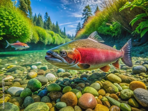 Vibrant salmon glides effortlessly through crystal-clear river waters surrounded by smooth stones and lush green aquatic plants, showcasing serene underwater ecosystem beauty.