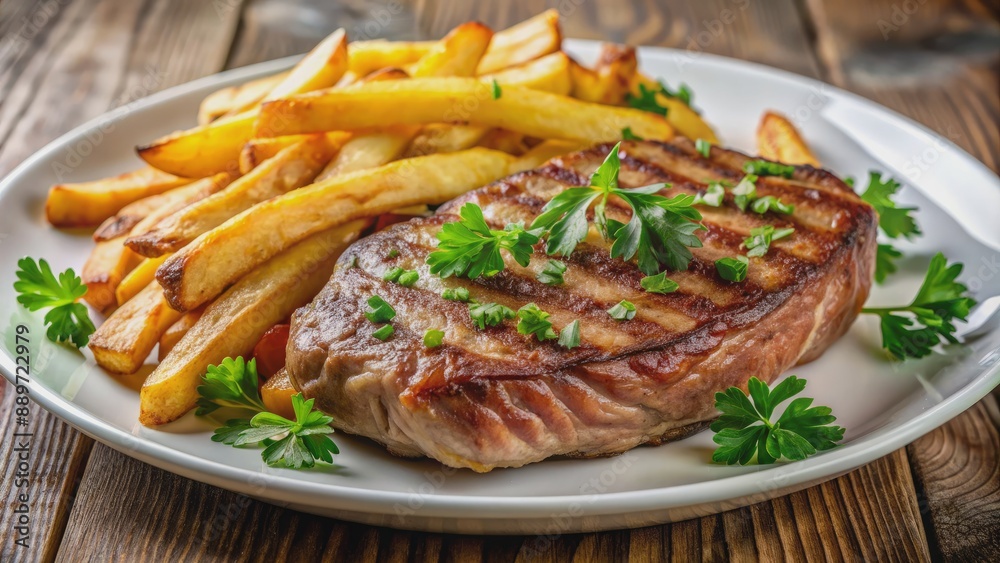 Savory medium-rare steak paired with crispy golden fries and fresh parsley, served on a pristine white plate, exuding appetizing aromas and tempting flavors. Savory medium-rare steak paired with crispy golden fries and fresh parsley, served on a pristine white plate, exuding appetizing aromas and tempting flavors.