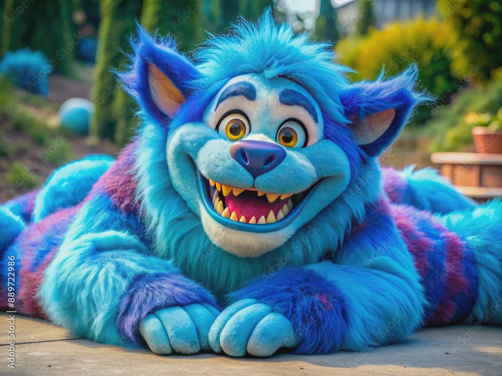 A large, furry, blue creature with a charming grin lies down, exposing his sharp teeth, and radiates warmth and friendliness in a bright, colorful environment. A large, furry, blue creature with a charming grin lies down, exposing his sharp teeth, and radiates warmth and friendliness in a bright, colorful environment.