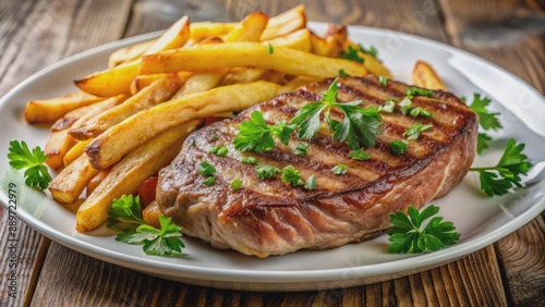 Savory medium-rare steak paired with crispy golden fries and fresh parsley, served on a pristine white plate, exuding appetizing aromas and tempting flavors.