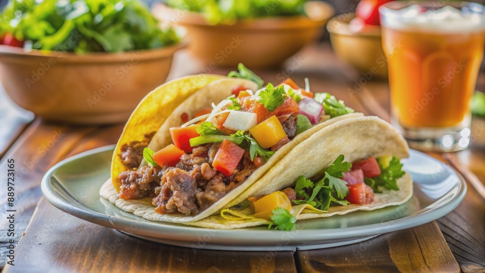 Colorful taco with seasoned ground beef, lettuce, and cheese on a paper plate, surrounded by napkins and a drink, on a modern food court table. Colorful taco with seasoned ground beef, lettuce, and cheese on a paper plate, surrounded by napkins and a drink, on a modern food court table.