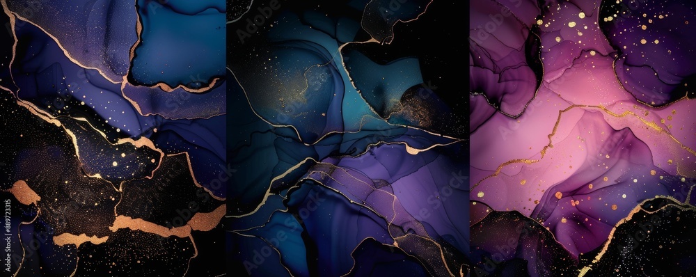 Naklejka premium This handmade abstract art background features watercolor, alcohol inks, spots, and a gold line. It can be used for wallpaper, posters, textures, or cards, etc.