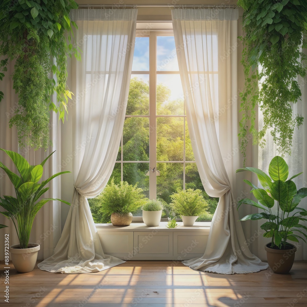 Fototapeta premium Serene morning scene featuring a bright window with flowing white curtains and lush green plants, surrounded by natural light and warm ambiance.