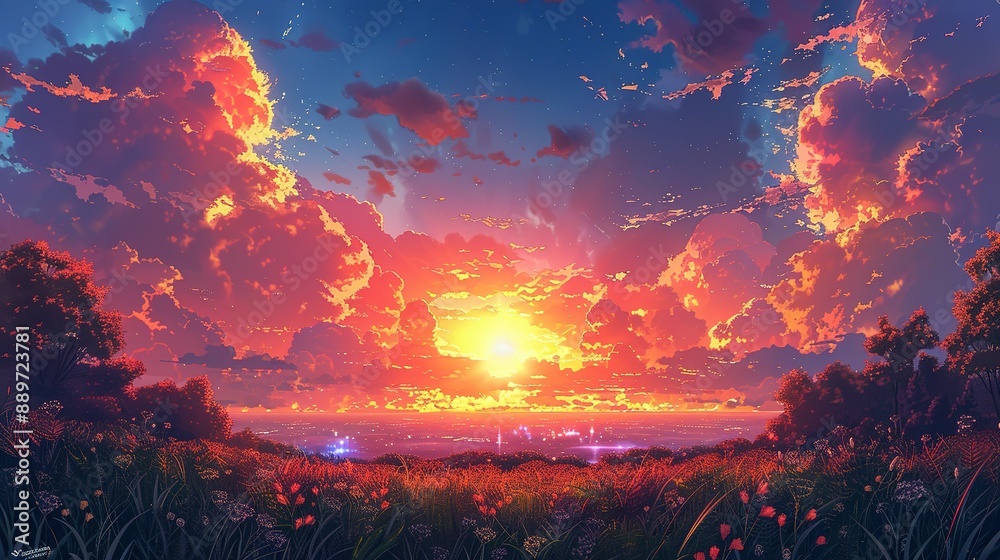 Scenic landscape with vibrant sunset and blooming flower field
