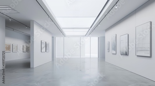 Stocked with beautiful paintings, this art gallery has a minimalist white decor.