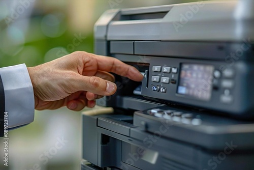 close-up shot of a businessman's hand pressing the button on a printer in an office setting.