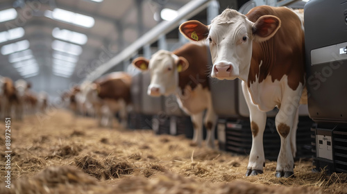 A close-up view of a brown and white cow looking at the camera on a modern dairy farm.