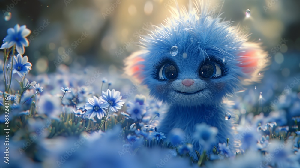 Blue Furry Creature Posing in a Field of Blue Flowers on a Sunny Day Blue Furry Creature Posing in a Field of Blue Flowers on a Sunny Day