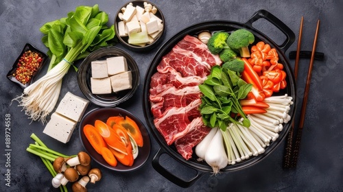 Vibrant sukiyaki ingredients neatly arranged on a wooden table, including slices of beef, mushrooms, tofu, and assorted greens under soft lighting