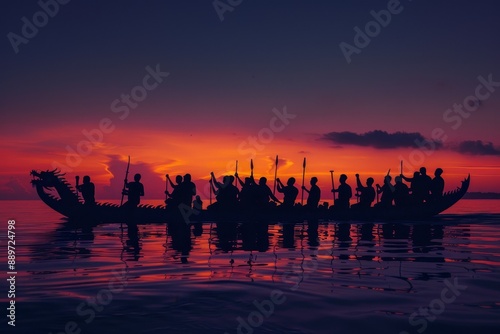 Paddlers on a dragon boat during sunset, highlighting themes of unity, tradition, and watercraft photo