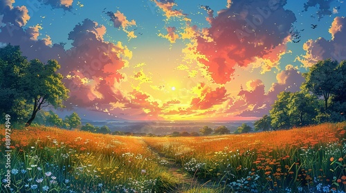 Colorful meadow at sunset with a path leading into the distance