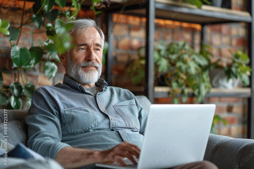Obraz premium mature man sitting on a sofa at home, watching TV on his laptop.