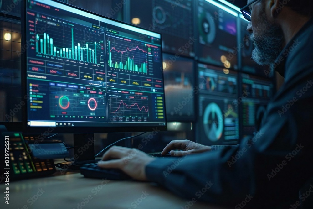 Fototapeta premium close-up shot of an analyst working on a personal computer, with the focus on the screen showing a detailed business analytics dashboard with various charts, metrics