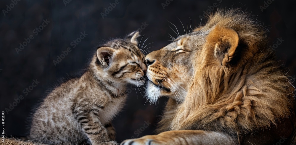 Fototapeta premium Lion and Kitten Share a Tender Moment in Close-Up Portrait