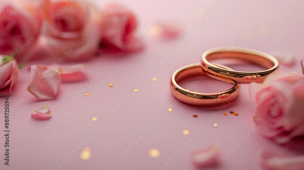 close up top view, two ring for wedding on pink pastel color background with space for copy, engagement rings, romantic and lovely