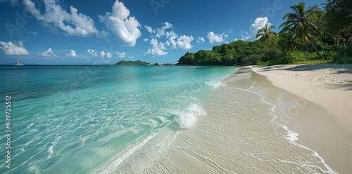 Tropical Beach Scene With Palm Trees and Clear Blue Water