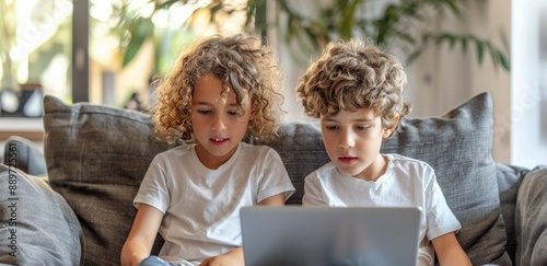 Two Young Boys Smiling at Laptop on a Couch in a Living Room