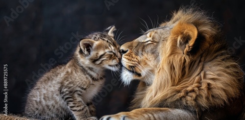 Lion and Kitten Share a Tender Moment in Close-Up Portrait