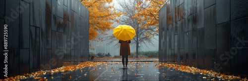 Woman Walking With Yellow Umbrella in Autumn Rain