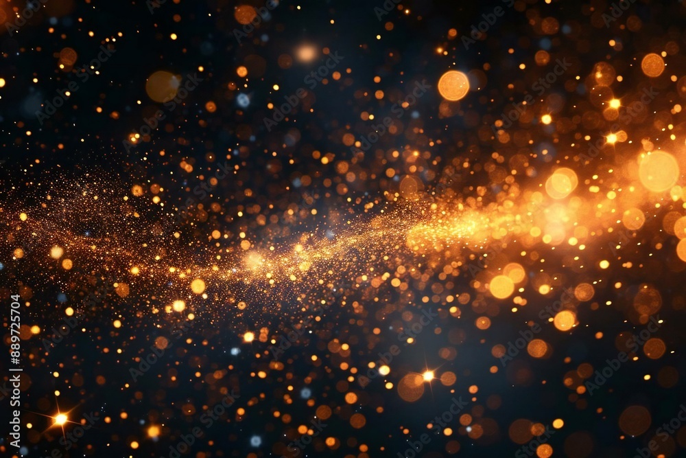 Fototapeta premium close-up shot of golden sparkles and glowing dust creating a magical light particle tail line, perfect for Christmas, birthdays, anniversaries, and other festive events.