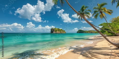 Clear Blue Water and White Sand Beach With Palm Trees on a Sunny Day