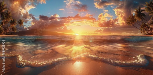 Tropical Beach Sunset With Palm Trees and Foamy Waves