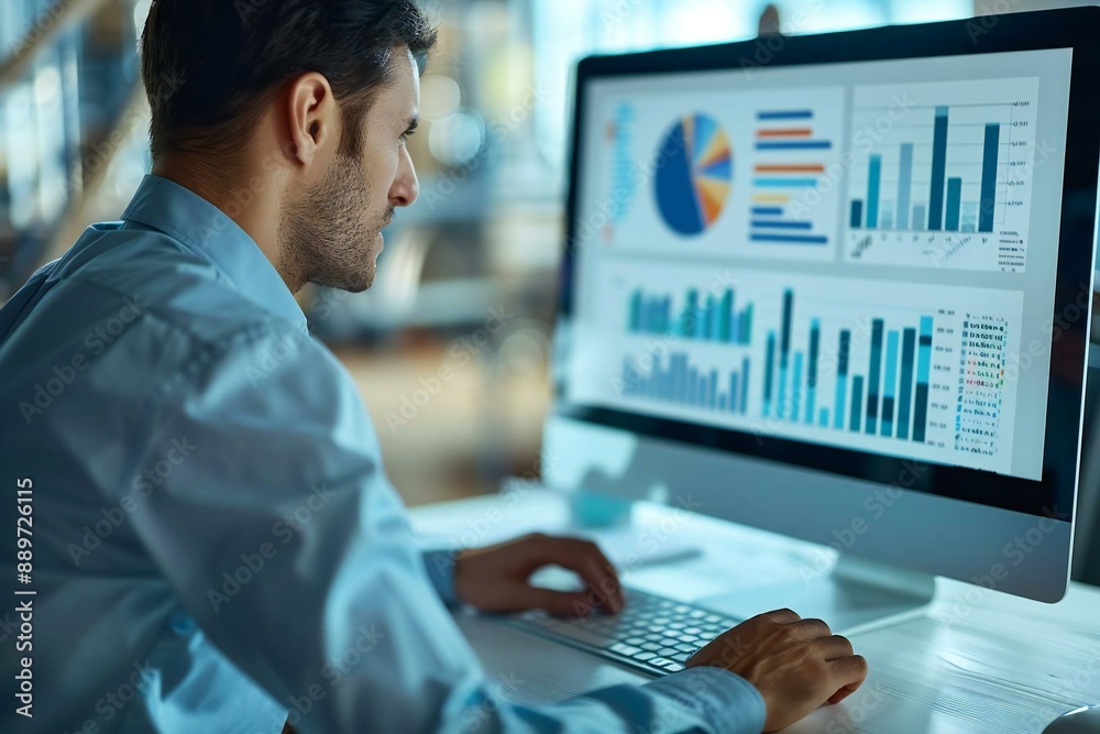 close-up shot of an analyst working on a computer, surrounded by graphs and charts on the screen, highlighting the aspect of project management and data analysis. close-up shot of an analyst working on a computer, surrounded by graphs and charts on the screen, highlighting the aspect of project management and data analysis.