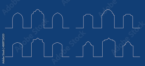 Line arabian arches, gates. Simple outline border with oriental doors