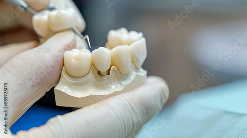 Dentist checking the fit of a temporary crown photo