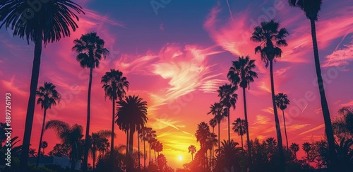 Palm Trees Silhouetted Against Vibrant Sunset Sky