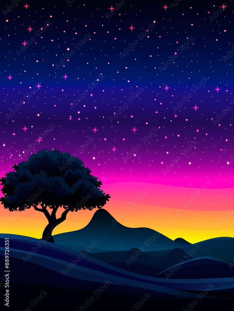 Fototapeta premium A vibrant sunset illustration with a silhouetted tree and rolling hills under a starry sky