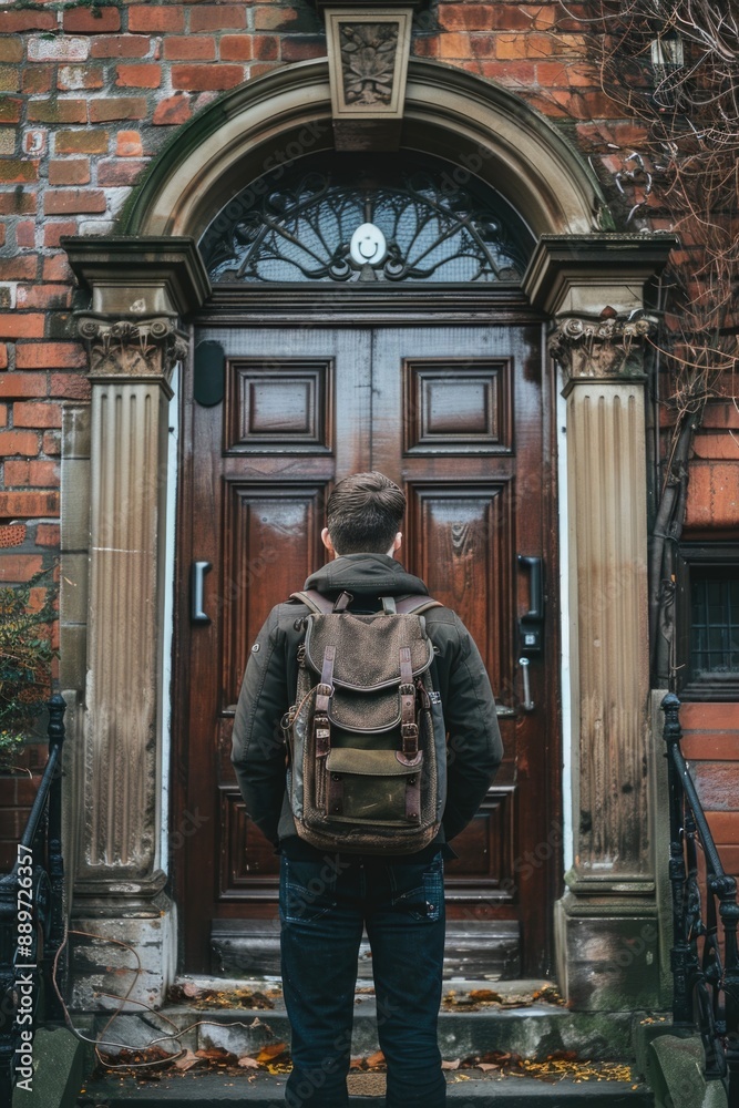 Man with backpack at door Man with backpack at door