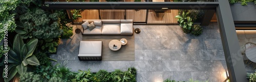 A Top View of a Secluded Patio With a Grey Sofa and Lush Greenery