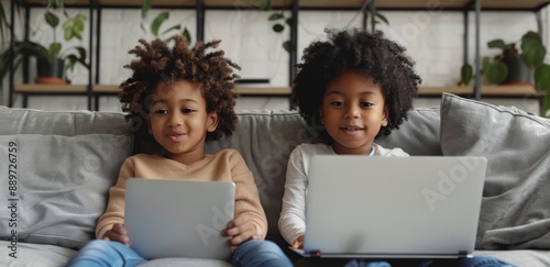 Two Young Children Using Laptops On A Grey Couch