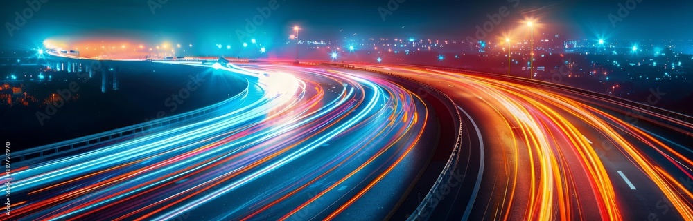 Nighttime Cityscape With Long Exposure of Traffic Lights on Highway
