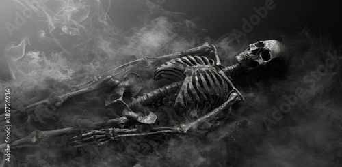 Black And White Image of A Skeleton Lying In Smoke
